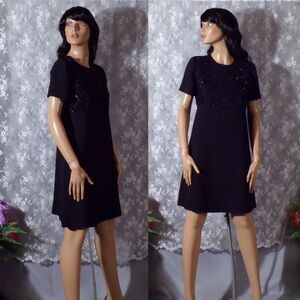 Vintage 90s Black Beaded Mini Dress Size 8 Petite Retro 1980s Goth Cocktail